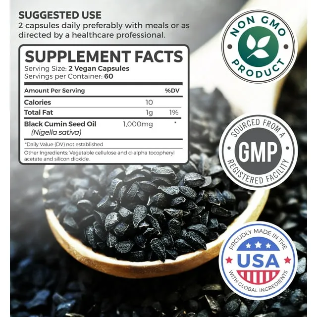 Black Seed Oil - Skin Health non-gmo Premium Cold-Pressed Nigella Sativa Producing Pure Black Cumin Seed Oil with Vitamin E - 500mg Each, 1000mg Per 2 Capsule Serving - 120 Softgels
      
          Black Seed Oil - Skin Health non-gmo Premium Cold-Press