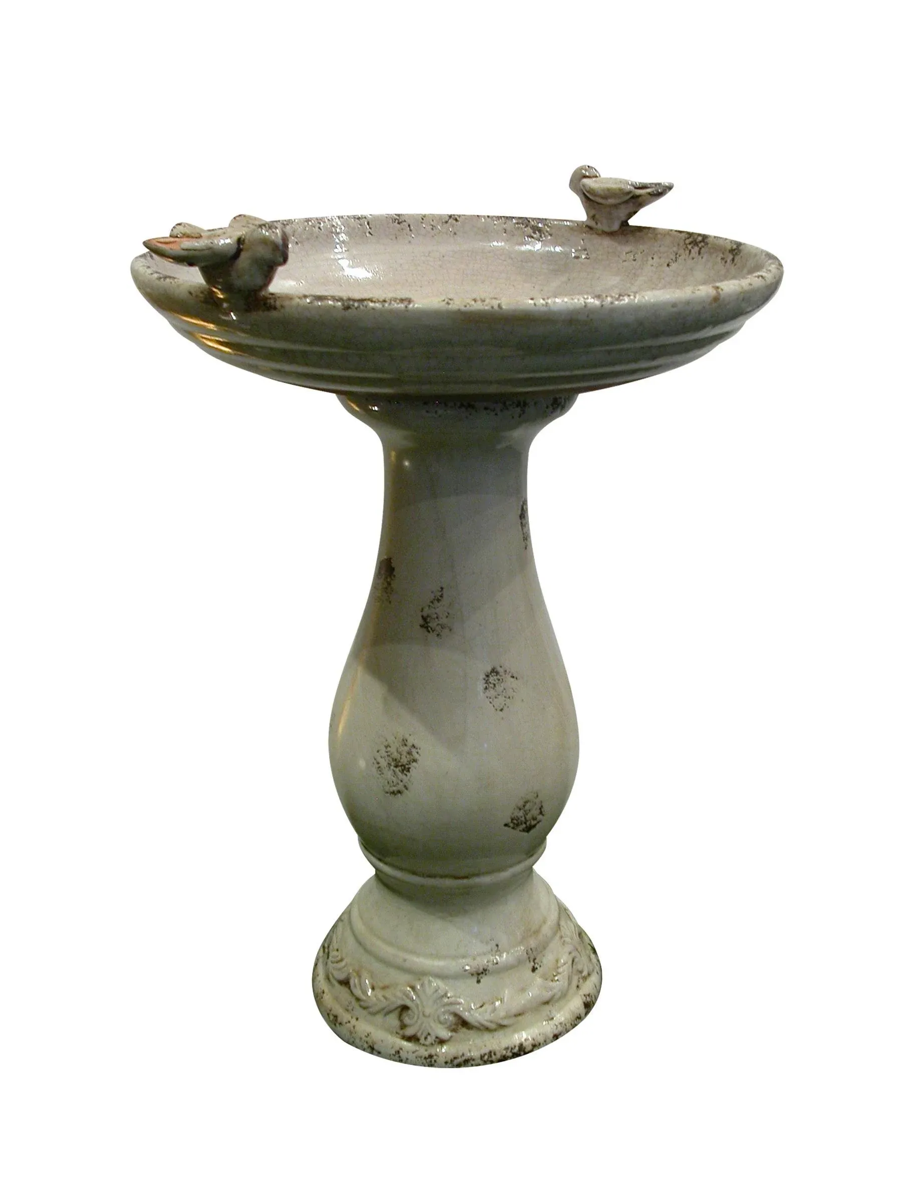 24 in. Tall Outdoor Antique Ceramic Birdbath with Bird Figurines Yard Statue, Light Brown