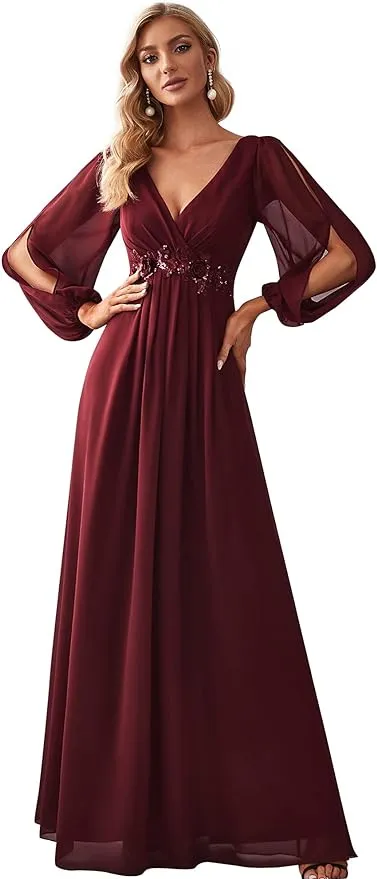 Elegant Evening Dress Lantern Sleeves V-Neck A-line Chiffon Prom Dress Women