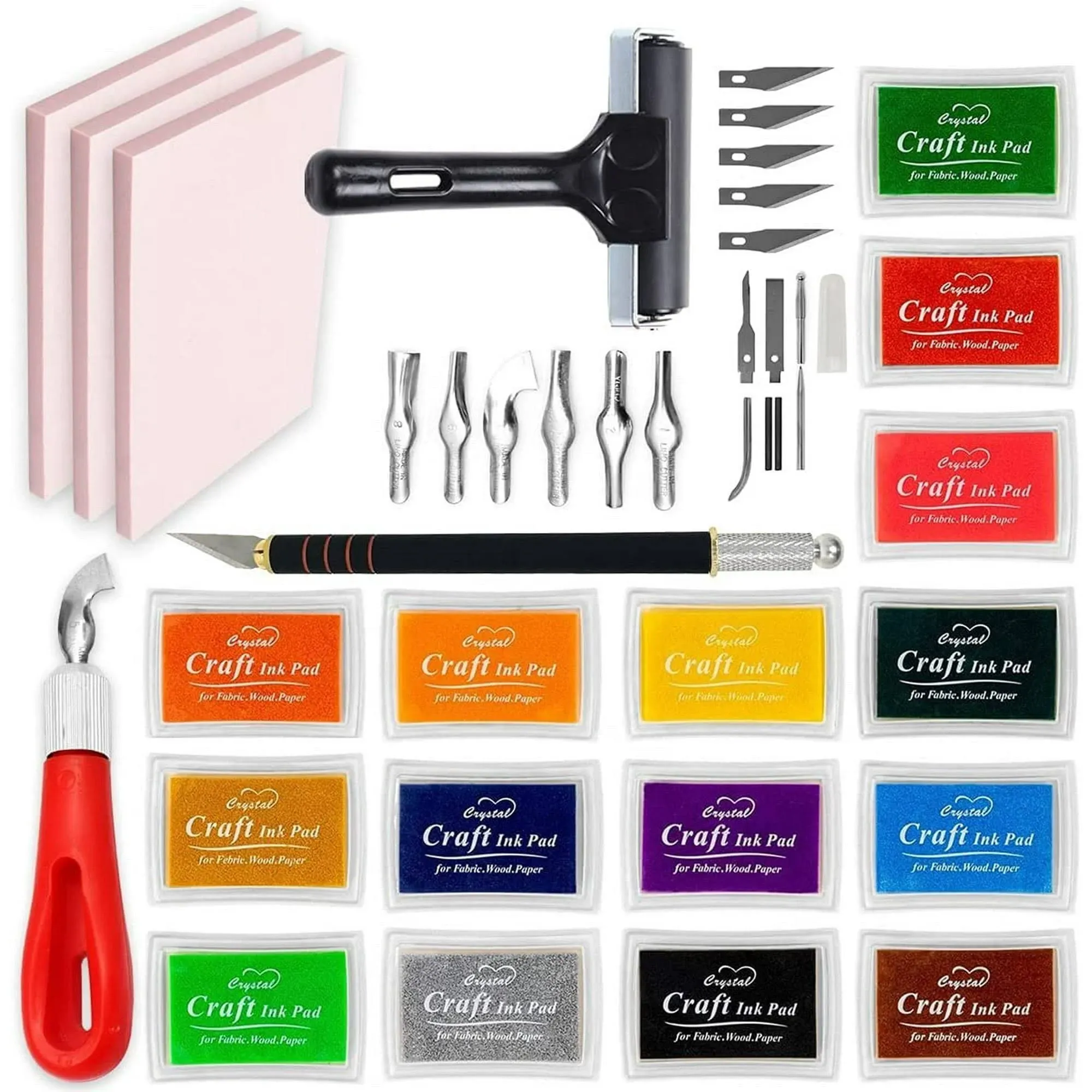 Stamp Carving Kit, 3 Rubber Blocks, Brayer, Lino Carving Tool, Precision Knife ...