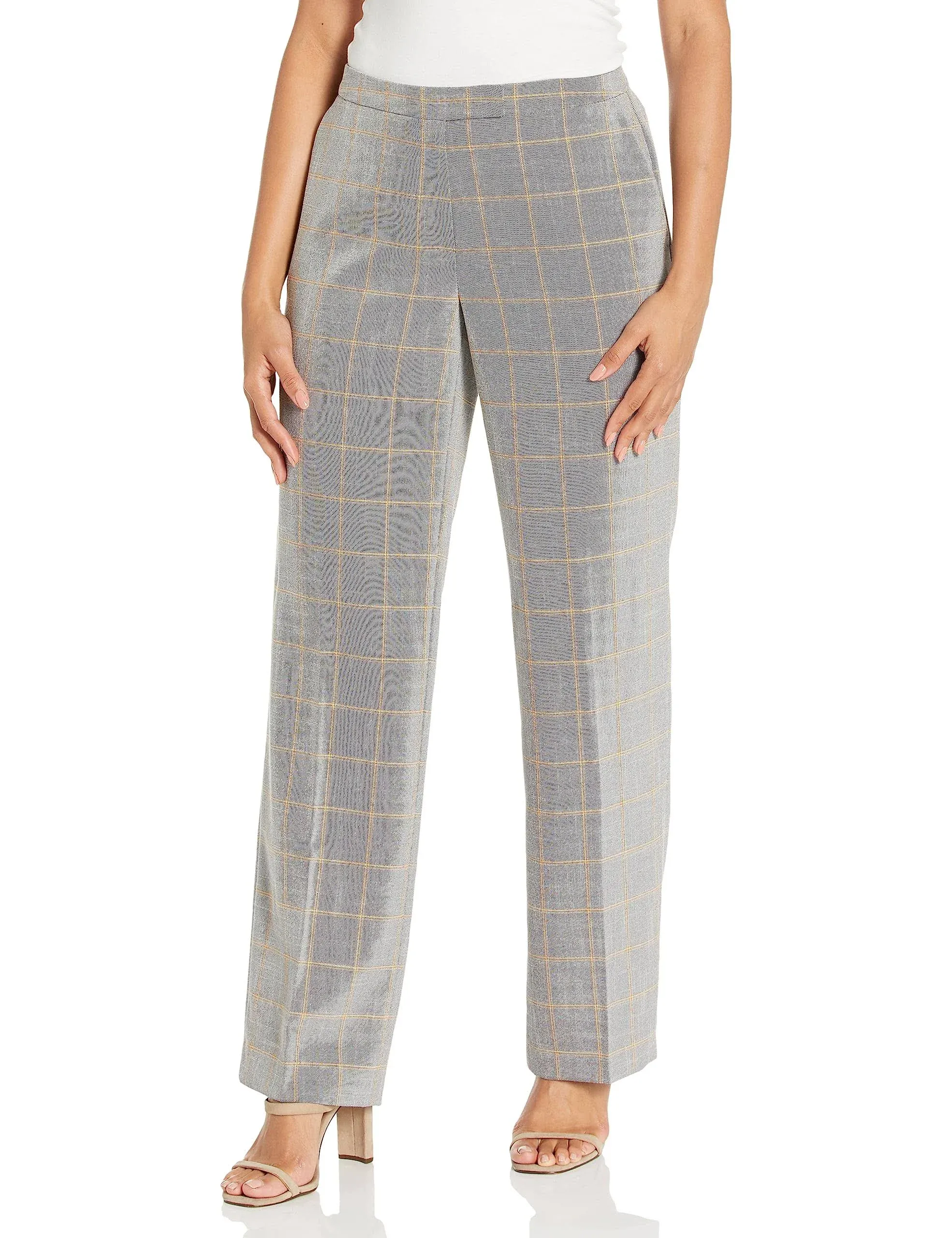 Kasper Plaid Tab-Front Straight Leg Pants