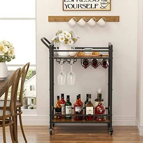 Tajsoon 2-Tier Bar Cart, Mobile Bar Serving Cart, Industrial Style Wine Cart for Kitchen, Beverage Cart with Wine Rack and Glass Holder, Rolling Drink Trolley for Living Room, Gold & White