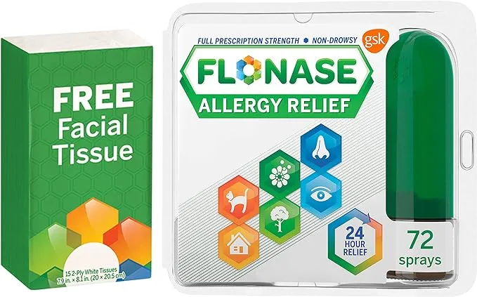 Flonase Allergy Relief Nasal Spray, 24-Hour Non-Drowsy Multi-Symptom Relief - 72 Sprays plus Bonus Pack of Tissues