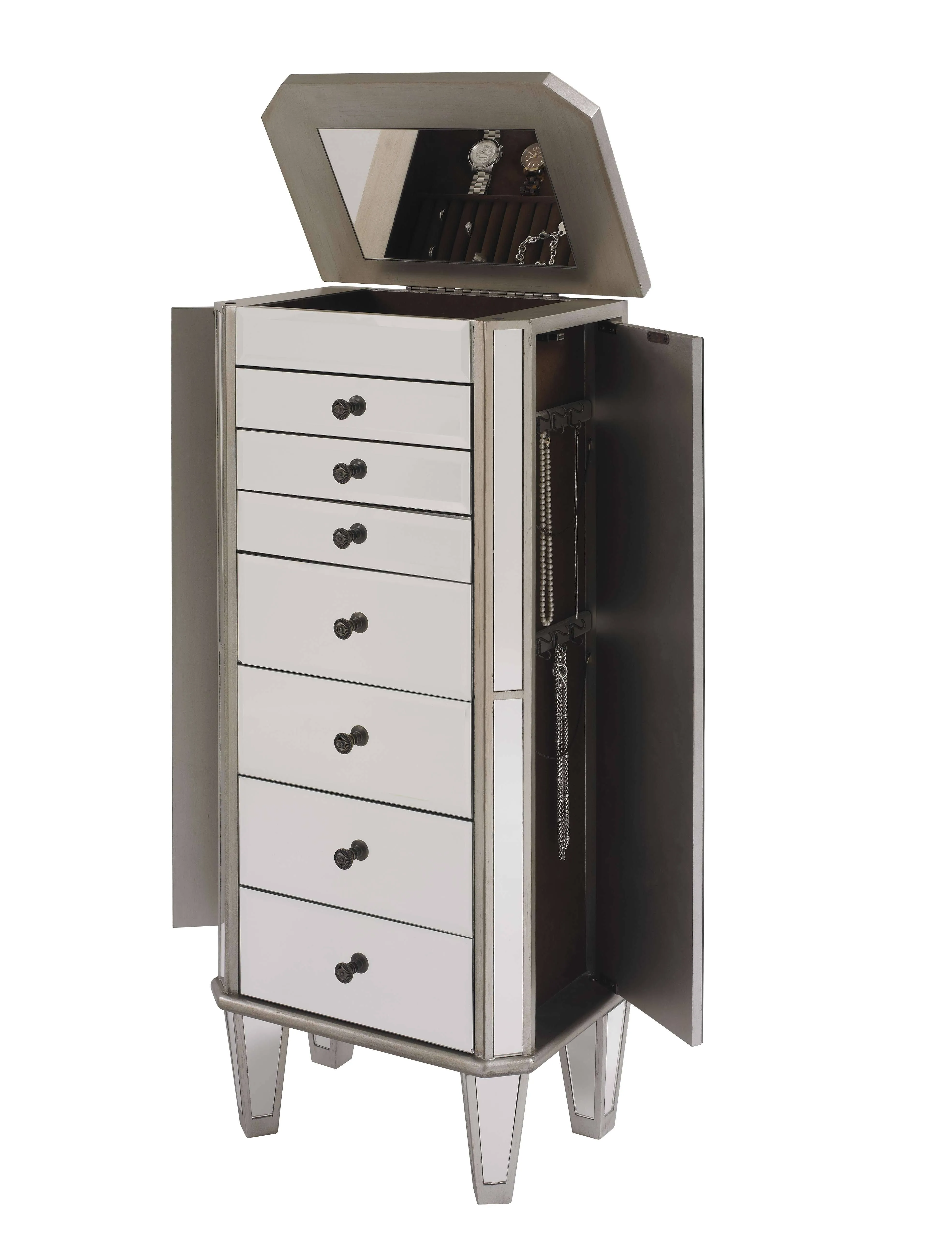 Powell Jewelry Armoire Wood, Silver Mirrored