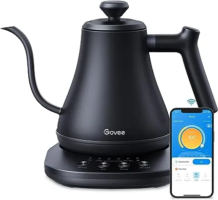 Govee Smart Electric Kettle, WiFi Variable Temperature Gooseneck Pour Over Kettle and Tea Kettle, Alexa Control, 1200W Quick Heating, 100% Stainless Steel, 0.8L, Matte Black