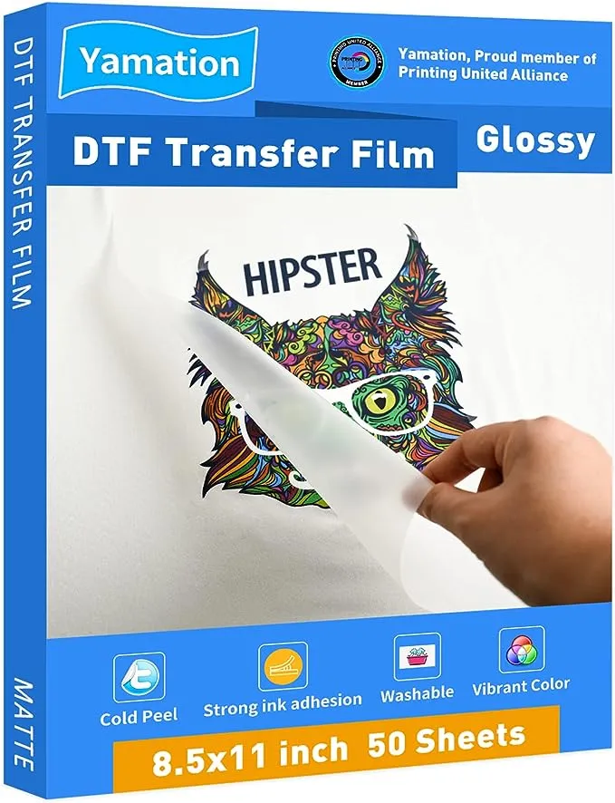 Yamation DTF Transfer Film Glossy: 8.5" x 11"inch 50 Sheets PET Paper Glossy Clear Cold Peel Direct to Film Transfer Film for Tshirt