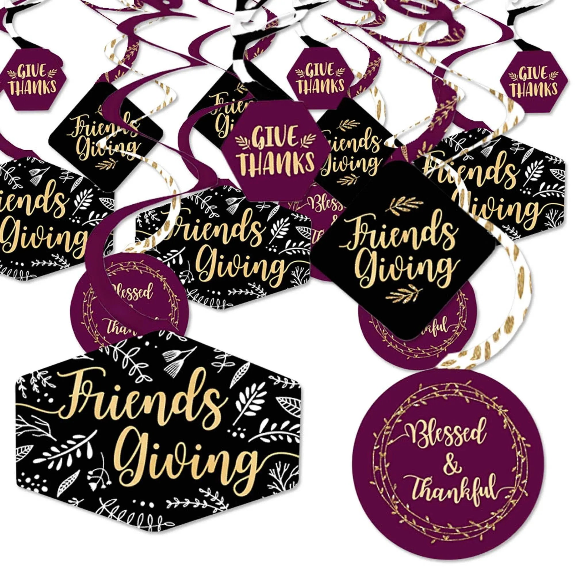 Big Dot of Happiness Elegant Thankful for Friends - Friendsgiving Thanksgiving Party Hanging Decor - Party Decoration Swirls - Set of 40 - Purple