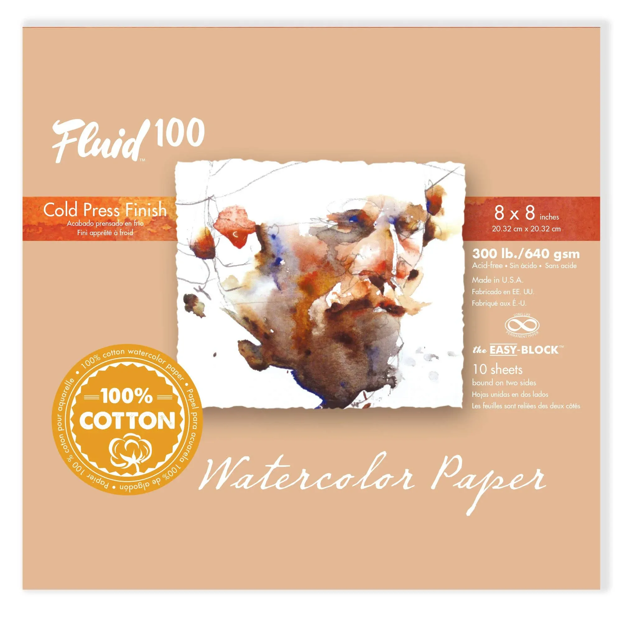 Fluid 100 Watercolor Paper Block - 8" x 8", Pkg of 10 Sheets, 300 lb, Cold Press