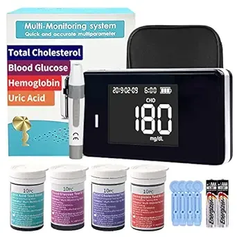 Accu-Answer 4 in 1 Hemoglobin Test Meter Kit, Hemoglobin Tester, Cholesterol Test Kit, Uric Acid Test Kit, 40 Test Strips Total Included. No Code Card Need, Accurate and Fast