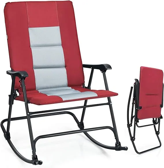 Foldable Rocking Padded Portable Camping Chair with Backrest and Armrest -Red