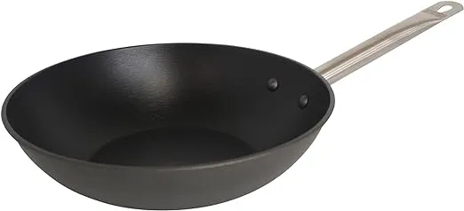 IMUSA Light Cast Iron Wok with Stainless Steel Handle & Pre-Seasoned Nonstick Interior, 12", Black