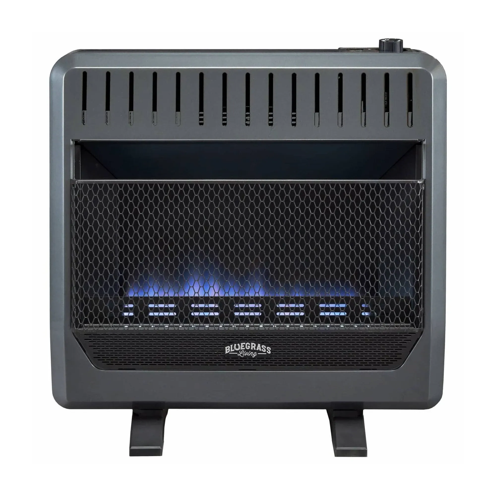 Bluegrass Living B30TNB-BB Ventless Natural Gas Blue Flame Space Heater with Thermostat Control, 30000 BTU, Heats Up to 1400 Sq. Ft., Includes Wall Mount, Base Feet, and Blower, Black