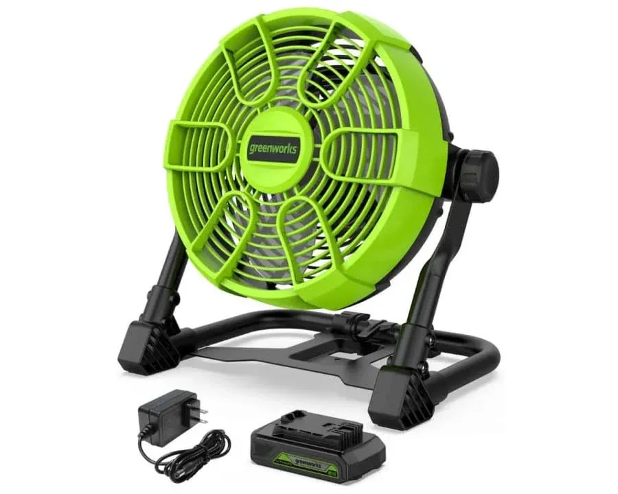 24V Cordless Fan w/ 2.0Ah USB Battery, 0.5A Charger & AC Adapter