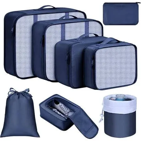 DIMJ Packing Cubes for Travel, 8Pcs Foldable Suitcase Organizer Set for Bra, Socks, Cosmetics with Makeup Bucket Bag, Waterproof Lightweight Travel Cubes Luggage Storage Bag, Dark Blue