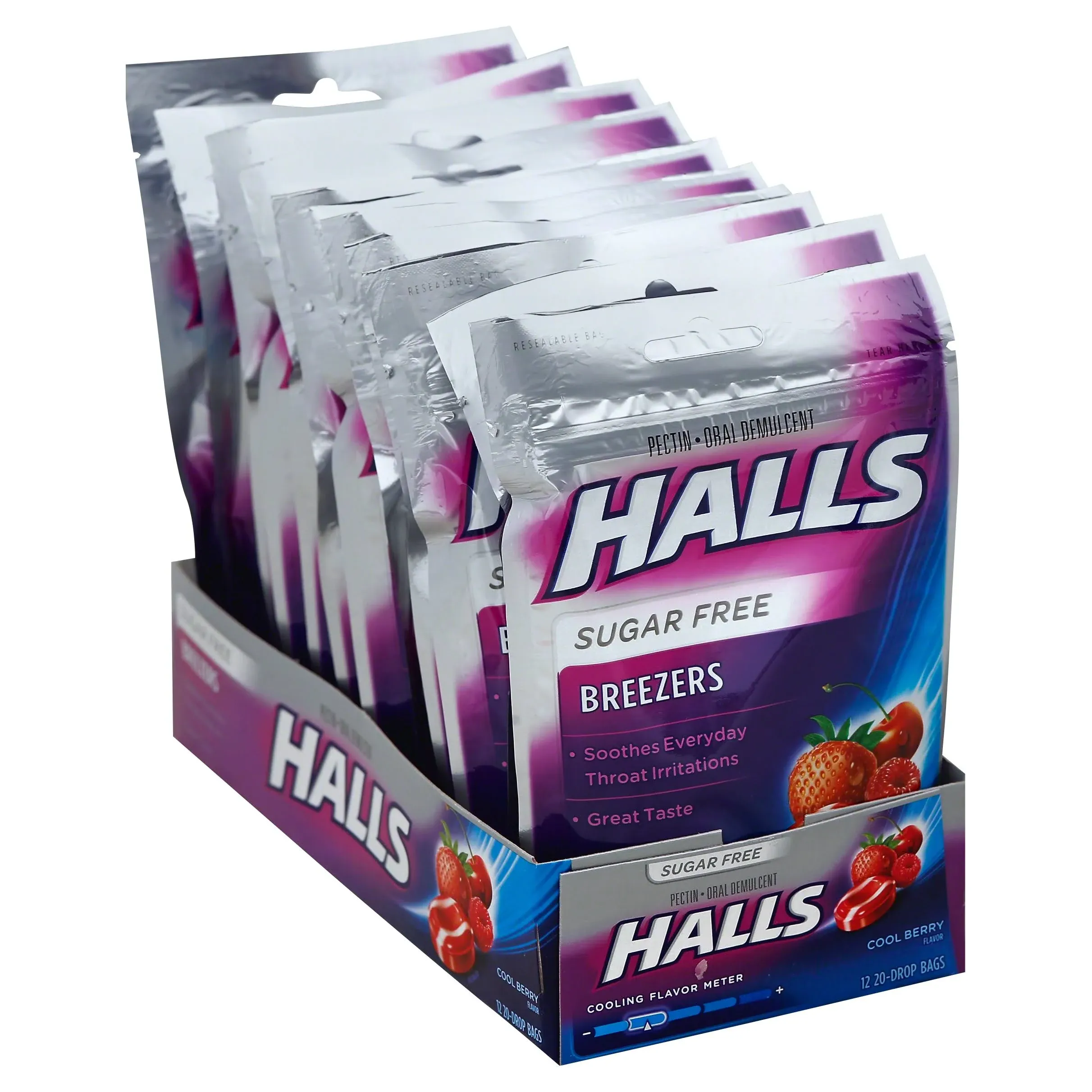 HALLS Throat Soothing (Formerly HALLS Breezers) Cool Berry Sugar Free Throat Drops, 12 Packs of 20 Drops (240 Total Drops)