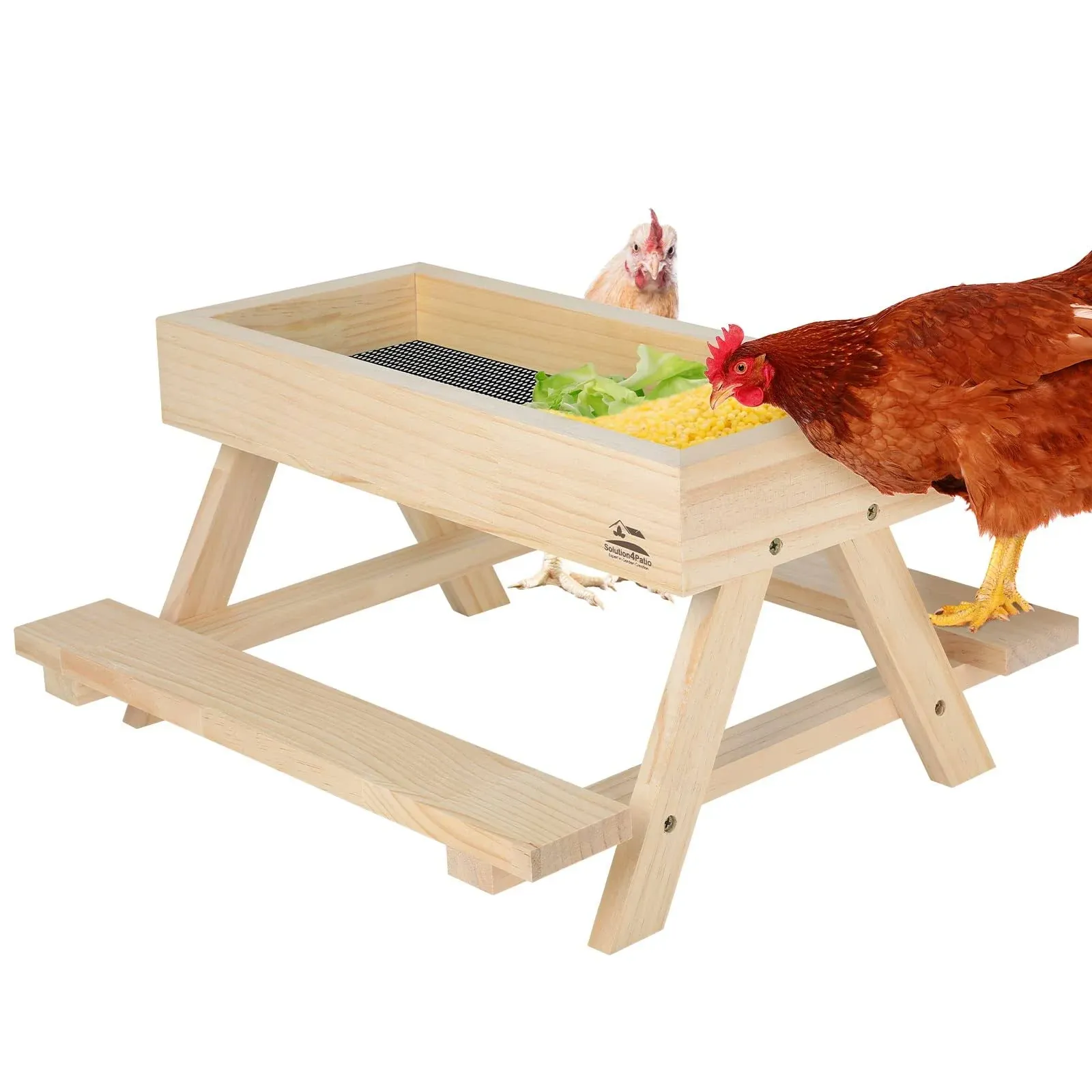 Solution4Patio Chickenic Table Handmade Wooden Picnic Table Chicken Feeder, Duck Feeder, Mesh Bottom, Easy to Clean and Fill, 15.7&quot; W x 14.9&quot; D x