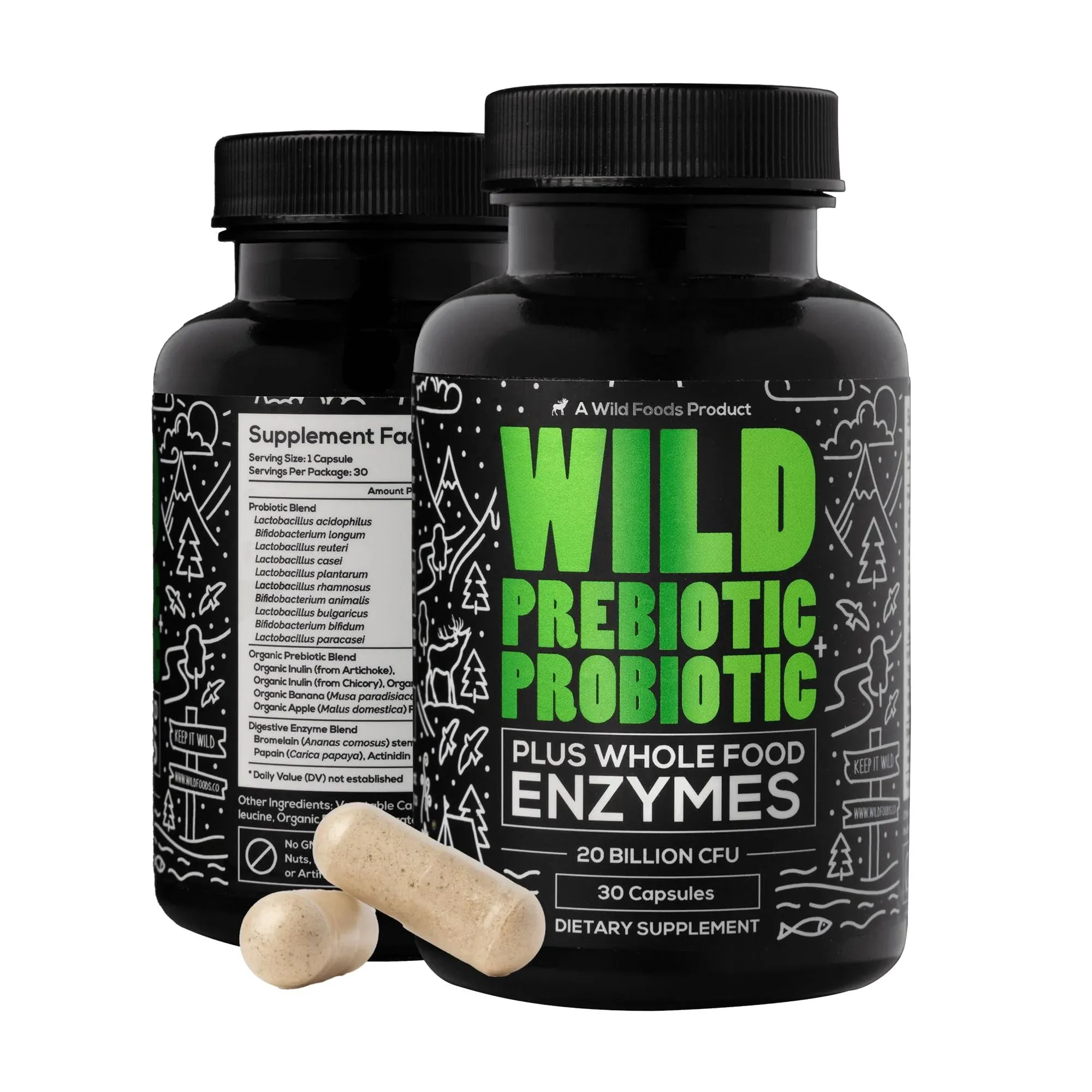 Wild Prebiotics and Probiotics with Digestive Enzymes | 20 Billion CFU - 10 Strains for Women & Men | Support Gut Health & Digestion Supplements | Non-GMO Prebiotic Fiber | 30 Capsules