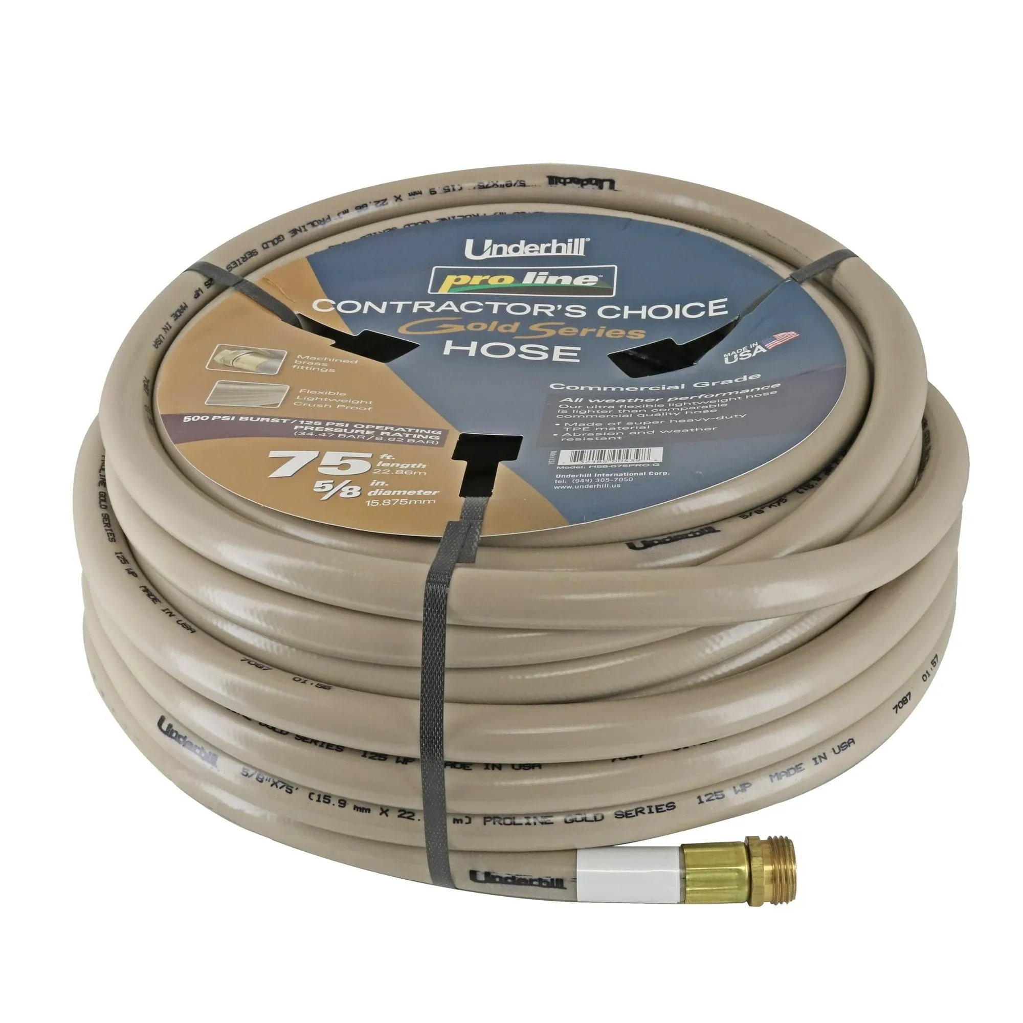 Underhill Proline Gold Series Commercial Garden Water Hose 75 ft, Lightweight, Heavy-Duty, Flexible, Kink Free, Industrial, 500 psi, H58-075PR0-G 5/8" x 75', Gold