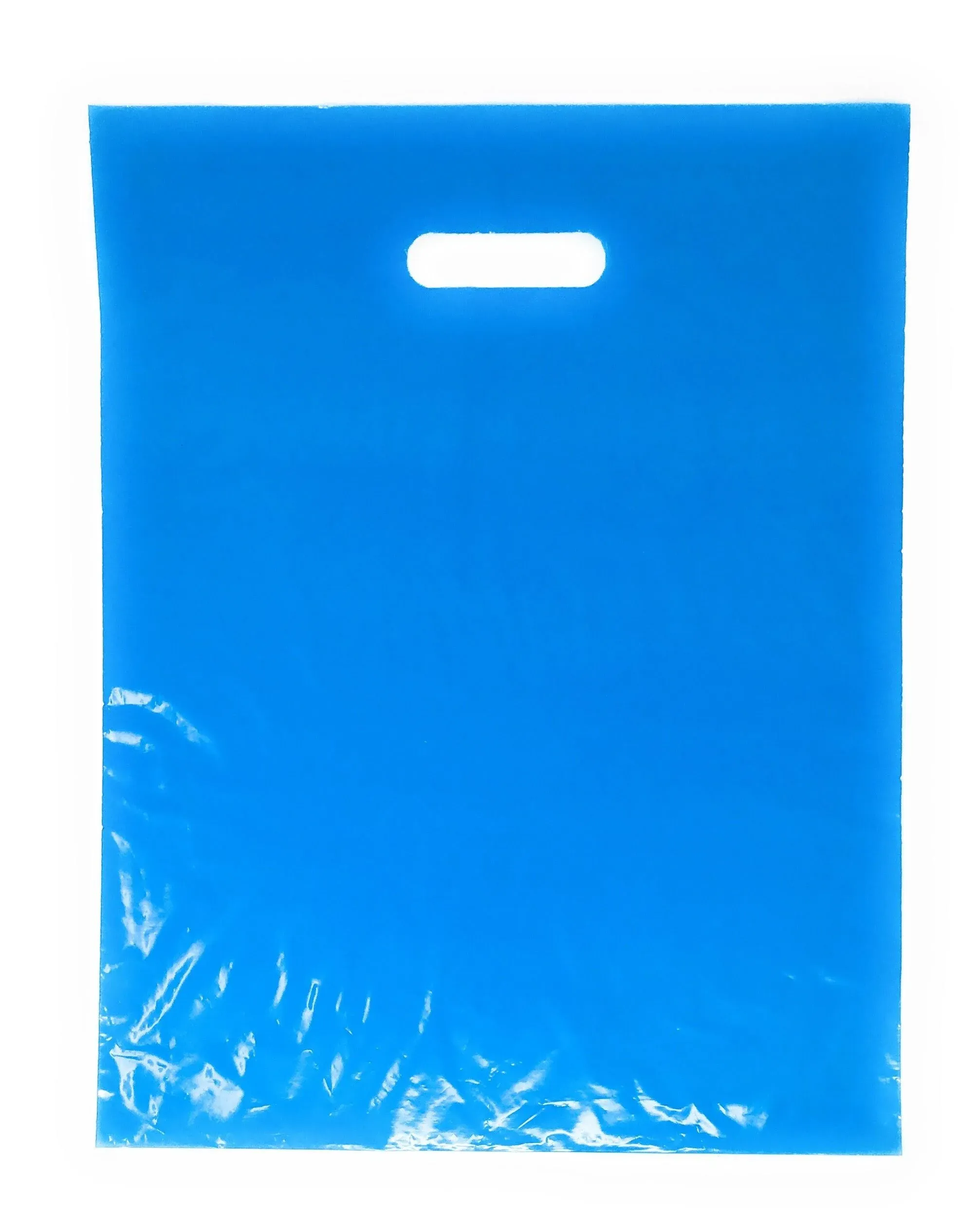 Glossy Plastic Shopping Bags by Popular Plastic Bags - 100 Blue Color Bulk Merchandise Bags 12x15x1.25 in - Die Cut Plastic Bags with Handles - Shopping Bags for Small Business and Stores