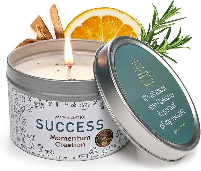 MAGNIFICENT 101 Success Aromatherapy Candle for Momentum Creation - Sage, Bergamot, Sandalwood Scented Natural Soybean Wax Tin Candle for Purification and Chakra Healing