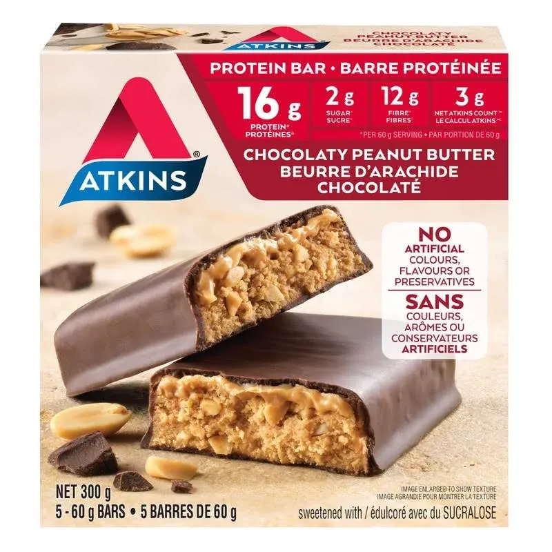 Atkins Protein Bars, Chocolaty Peanut Butter, 2g Sugar, 5-Count, 