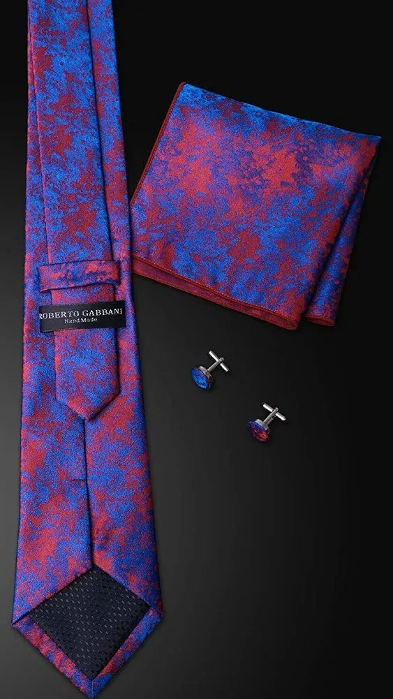 STEFANO CORVALI Mens Tie Pocket Square Cufflinks Clip Set, Necktie with Hanky fo