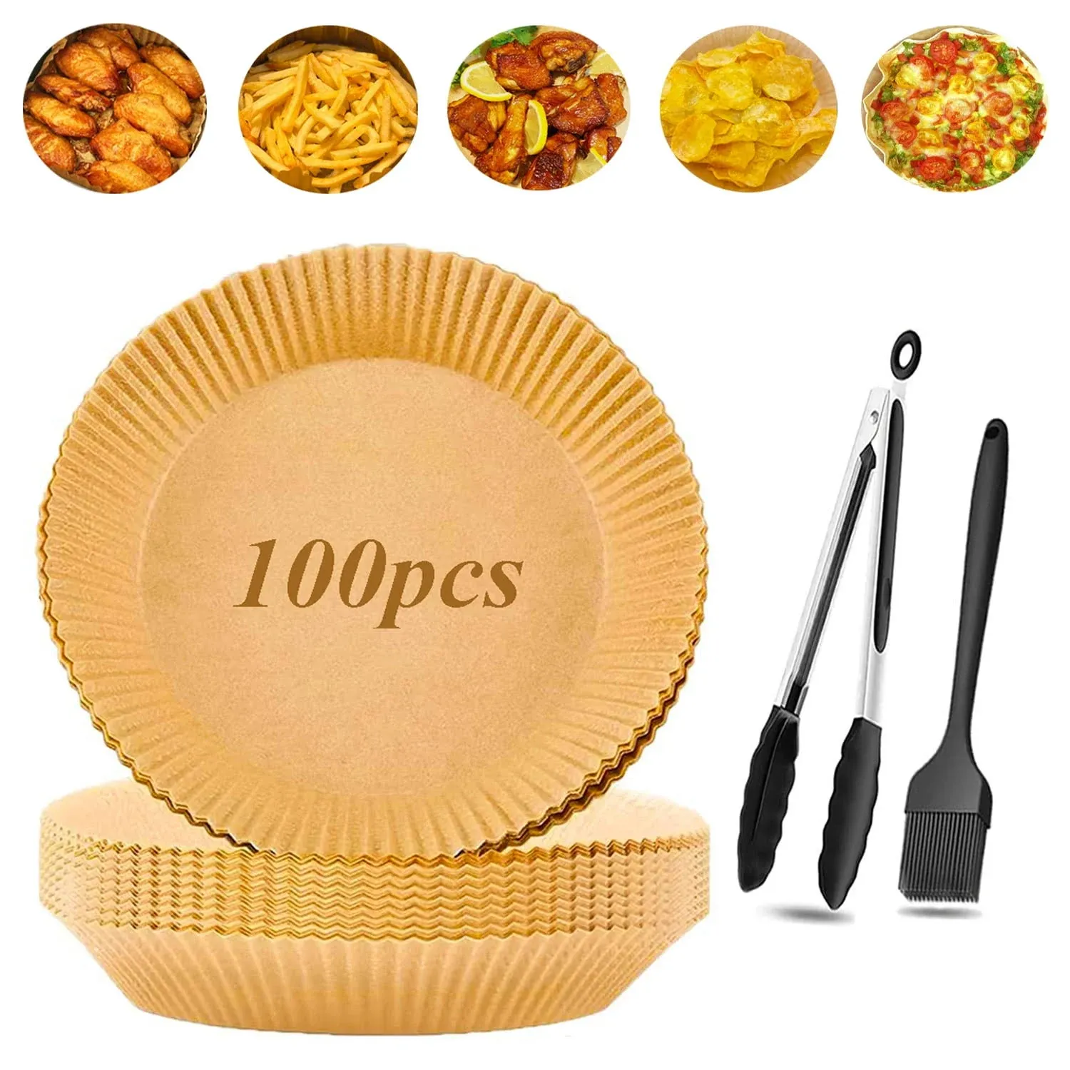 100pcs Air Fryer Liner with Food Tong and Brush Disposable Paper Liner