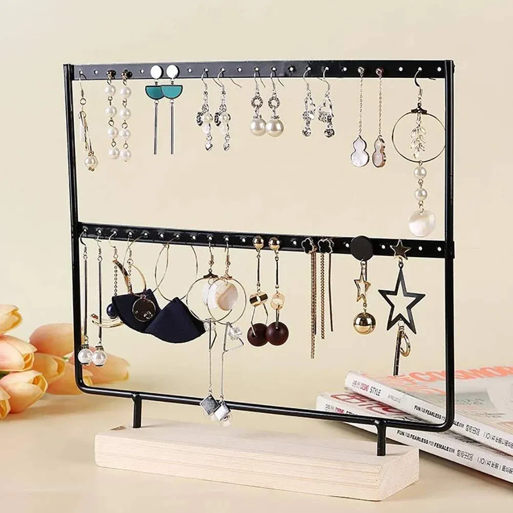 lemonadeus Earrings Organizer Jewelry Display Wood Stand (44 Holes 2 Layers) (Black)