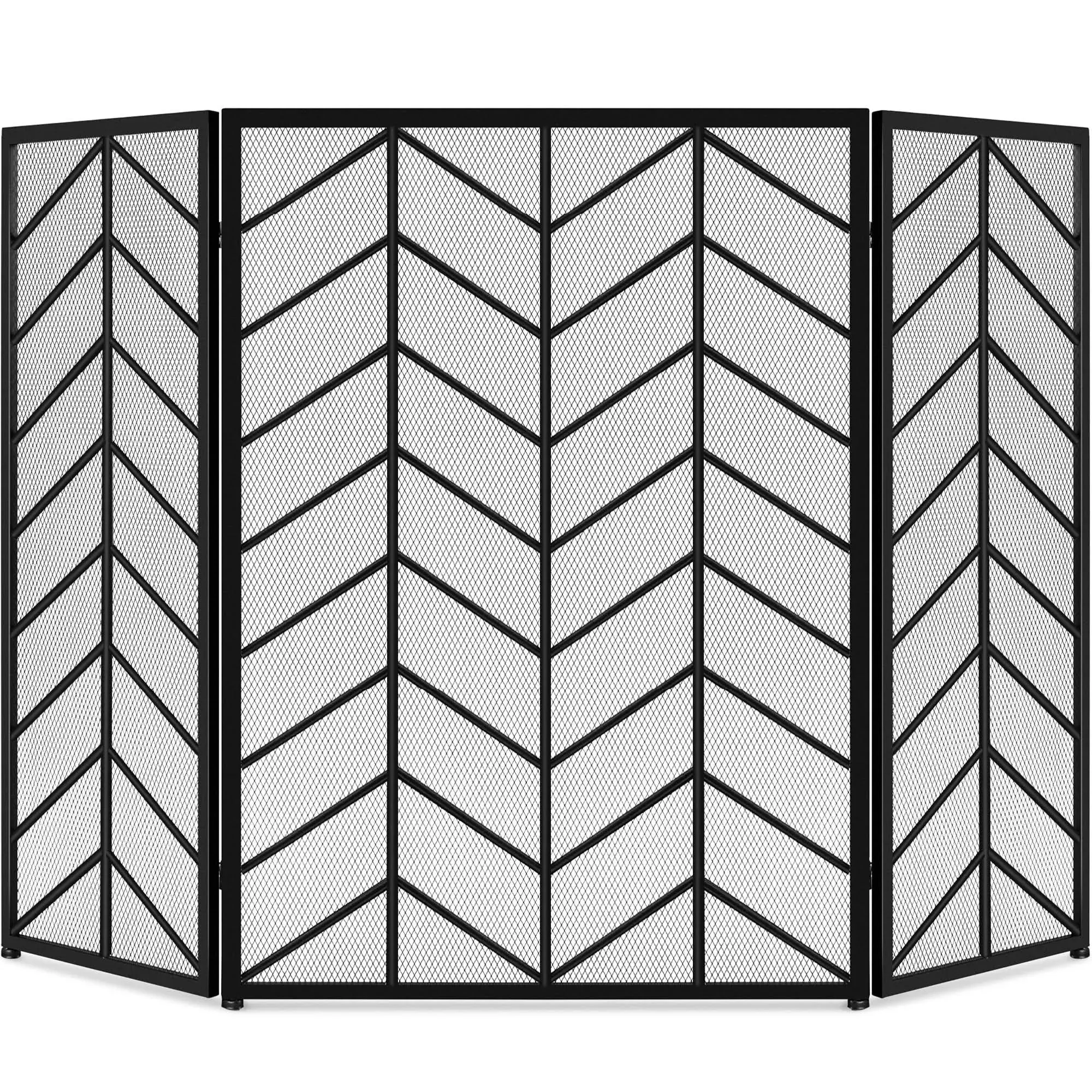 Best Choice Products 52x31in 3-Panel Iron Chevron Fireplace Screen, Spark Guard w/ Handles - Black