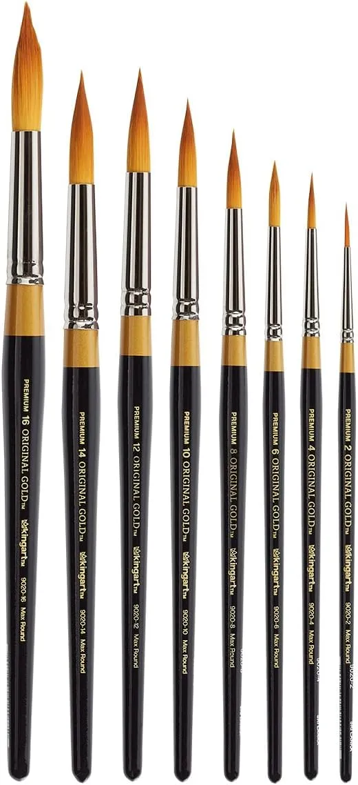 KINGART Original Gold 9020 Ultra Round Series Premium Golden Taklon, Multimedia Artist Brushes, Set of 8