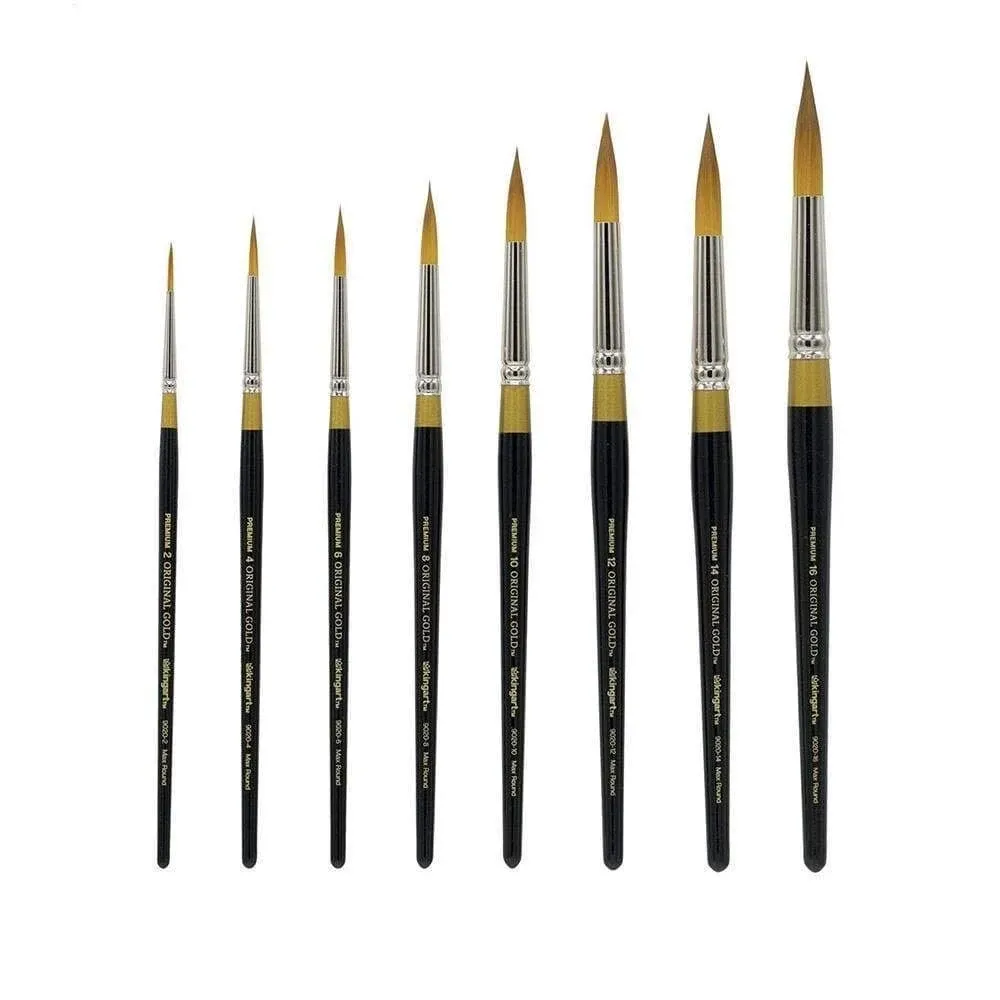 KINGART Original Gold 9020 Ultra Round Series Premium Golden Taklon, Multimedia Artist Brushes, Set of 8 Sizes (sizes: 2,4,6,8,10,12,14,16)