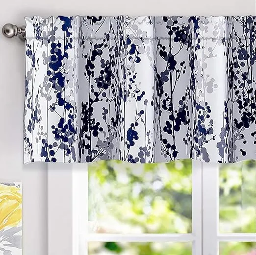 DriftAway Leah Abstract Floral Blossom Ink Painting Window Curtain Valance 52 x18 +2 header(Navy)