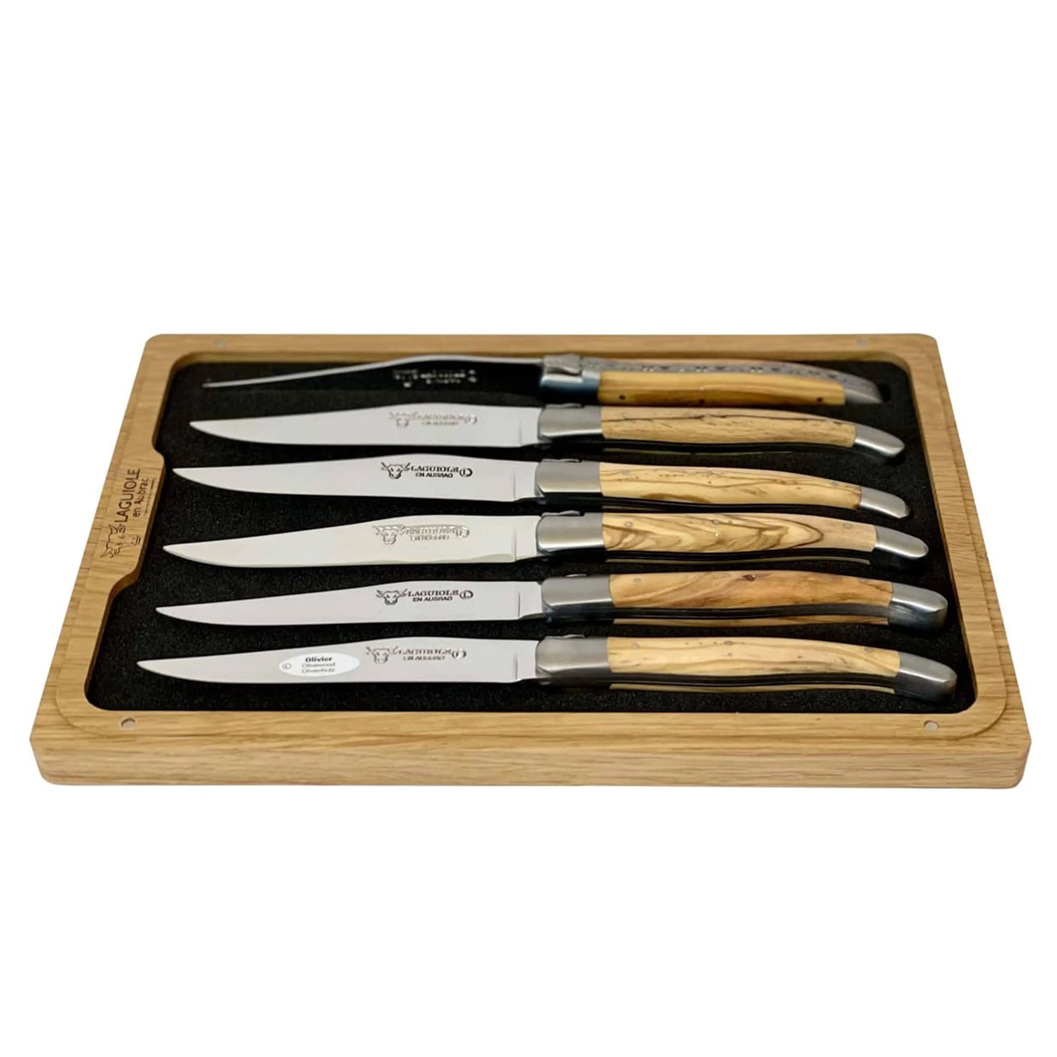 Laguiole en Aubrac Luxury Fully Forged Full Tang Stainless Steel Steak Knives 6-Piece Set with Olivewood Handle, Stainless Steel Matte Bolsters