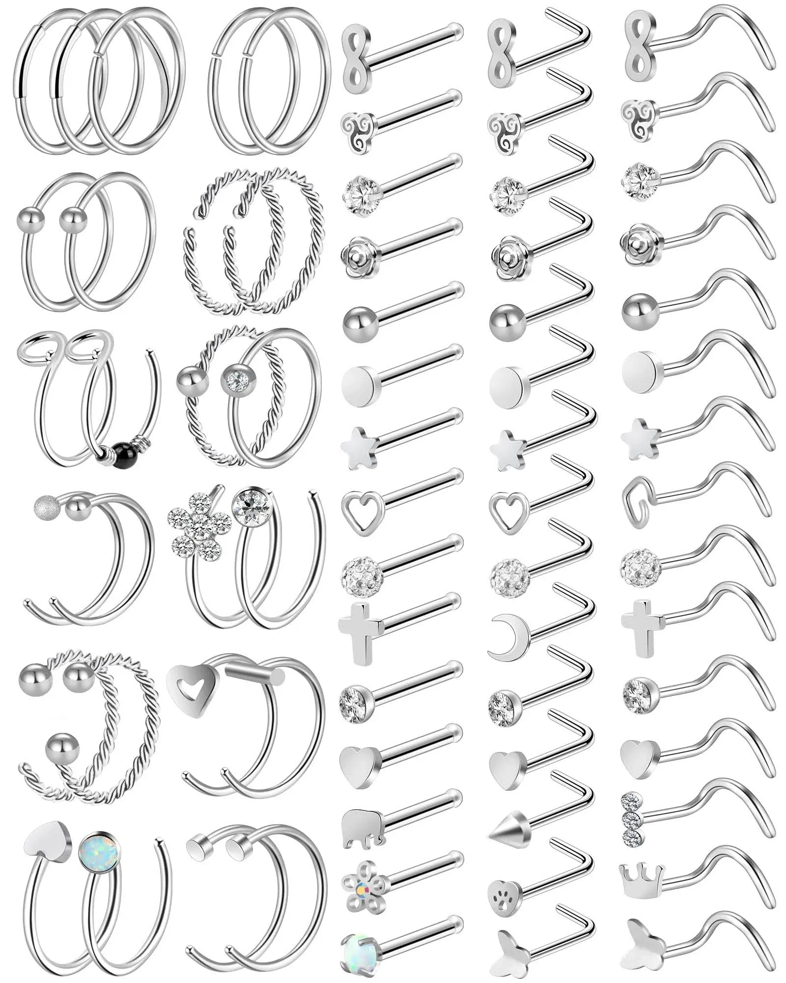 ONESING 70 Pcs Nose Rings Studs 20g Nose Rings for Women Nose Piercings Jewelry Nose Rings Hoops L Shaped Silver Nose Studs