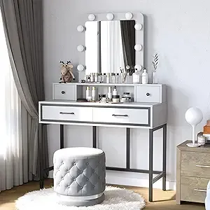 Vanity, Makeup Vanity Desk with 3 Color Dimmable Lighted Hollywood Mirror, Wh...