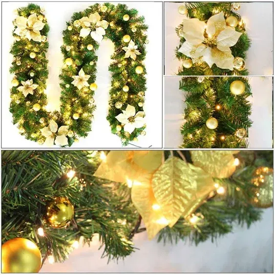 Pre-lit Artificial Christmas Garland, Green Rattan with Red Flower Decorations and Battery Operated LED Lights for Home Stairs Fireplace Front Porch Door Display Indoor Outdoor Christmas Decor -9FT