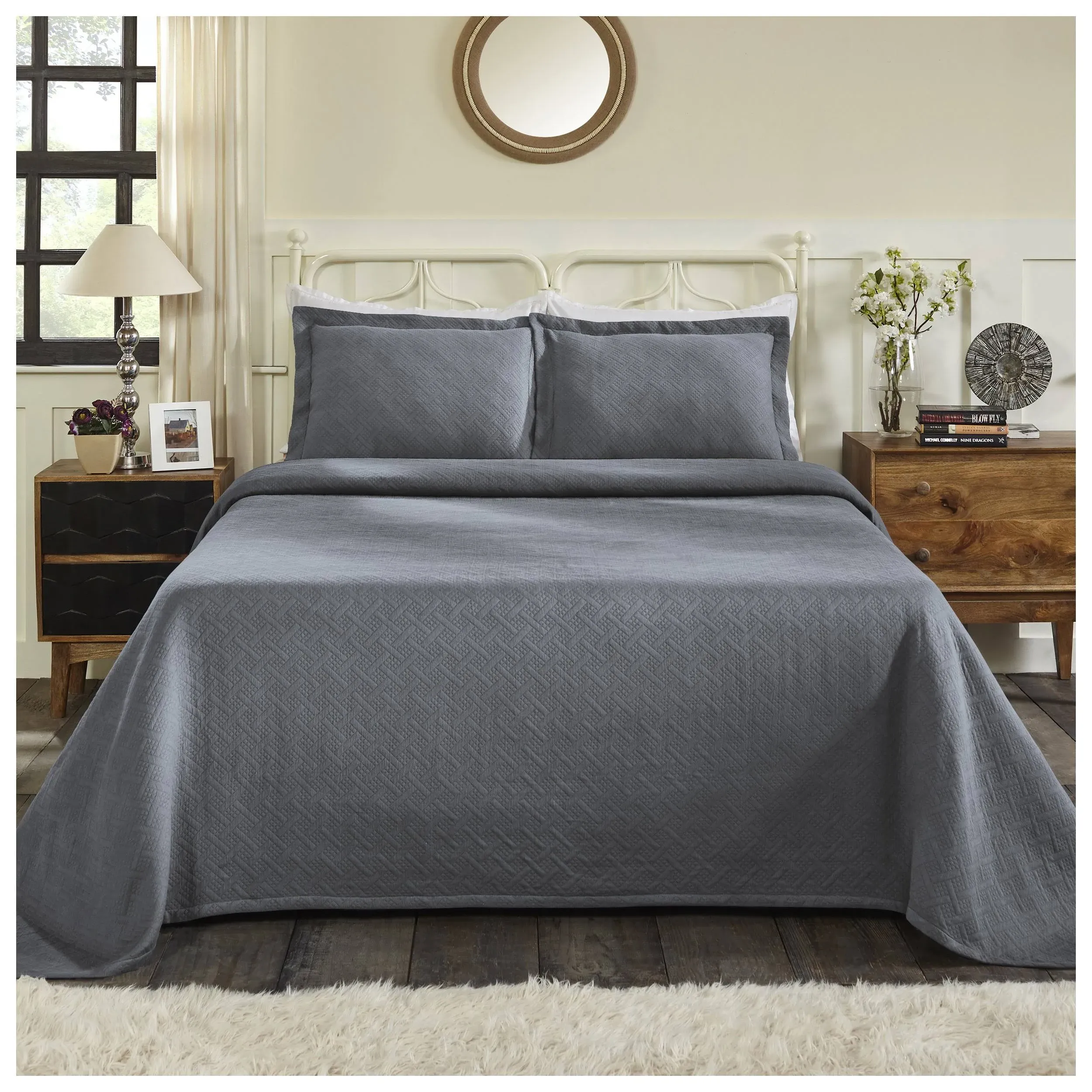 Basket Weave Matelasse Cotton Bedspread Set - Grey / Full