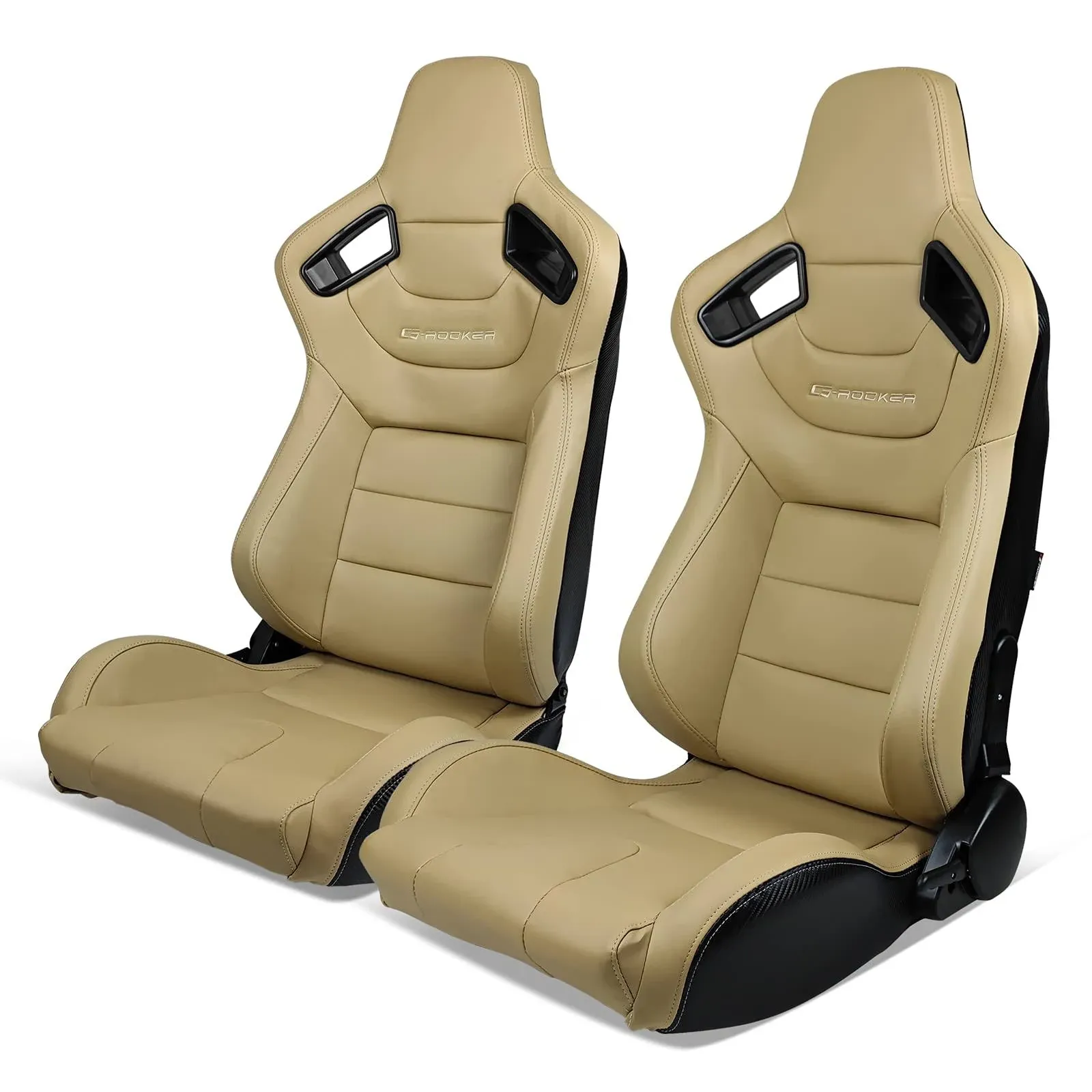 Universal Pair Reclinable Racing Seats + Dual Sliders Beige PU Carbon Leather