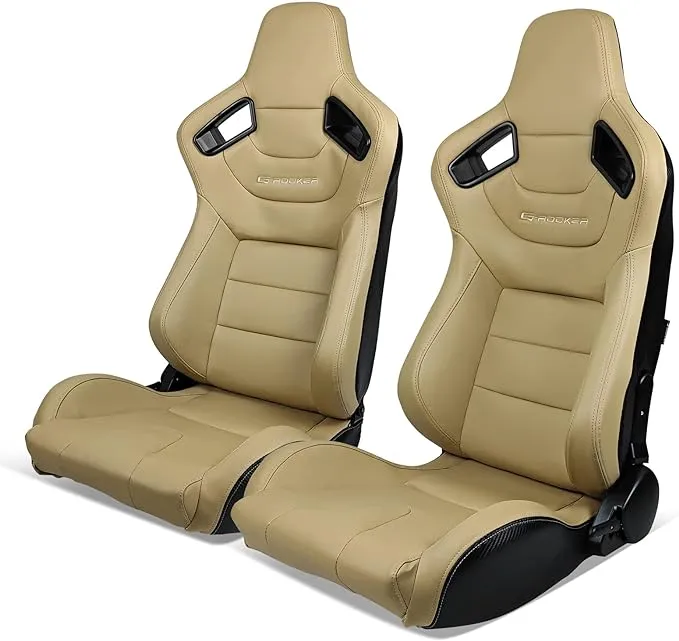 Universal Pair Reclinable Racing Seats + Dual Sliders Beige PU Carbon Leather