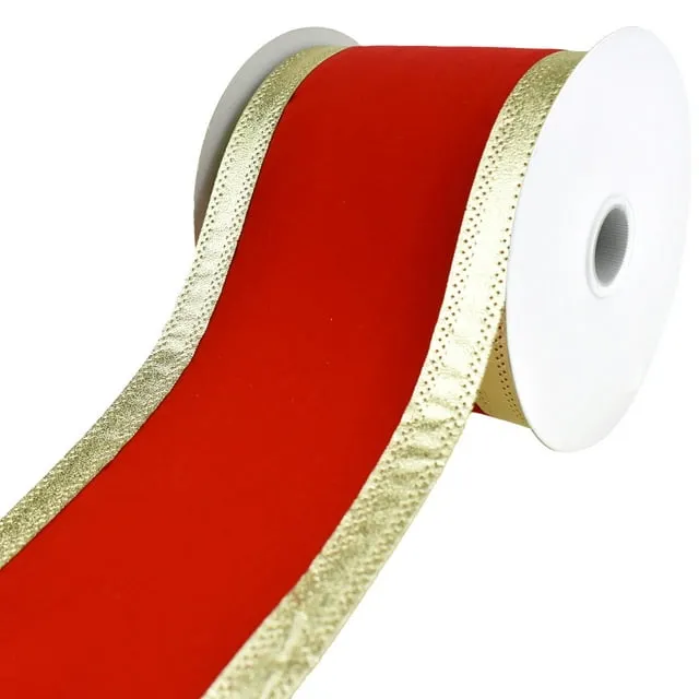 Velvet Dynasty Gold Trim Wired Christmas Holiday Ribbon 4-Inch 10-Yard - Red