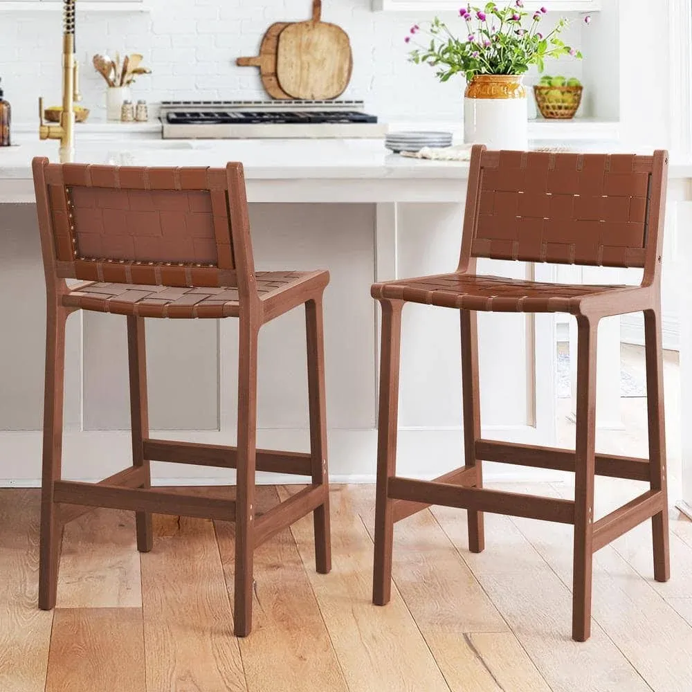 24'' 26'' Woven Straps Faux Leather Counter Height Bar Stool Set with Wood Legs