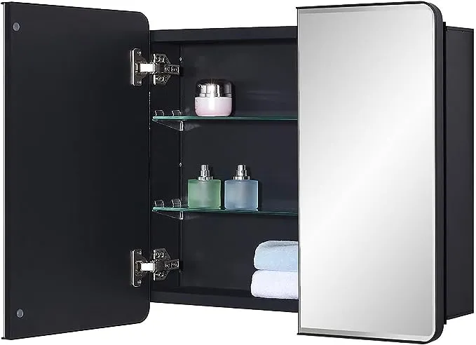 IDYLLOR Black Bathroom Medicine Cabinet with Round Corner Framed Door and Beveled Edge Mirror 22 x 20 inch Recessed or Surface Mount with Adjustable