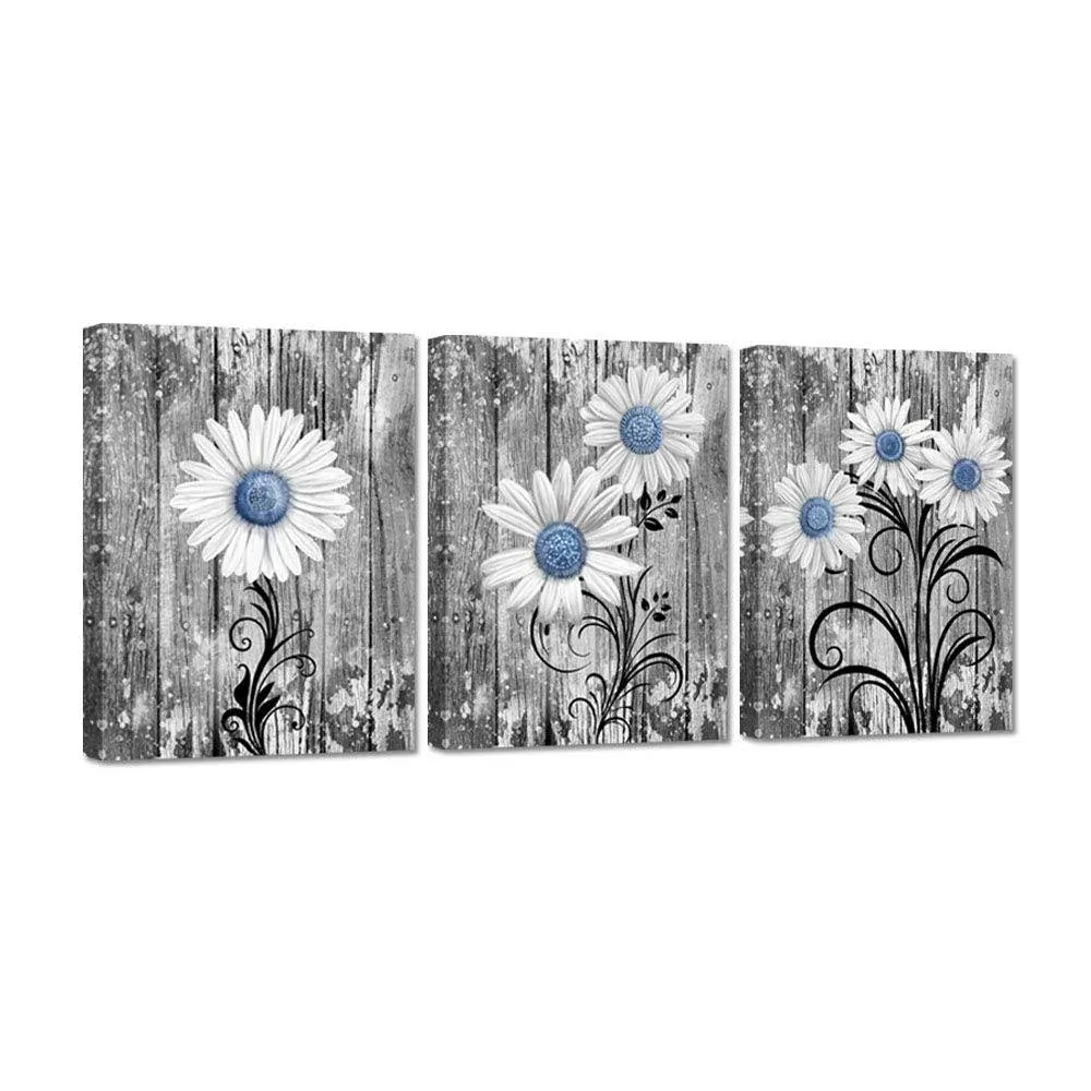 Zlove 3 Pieces Bathroom Daisy Picture Wall Art Rustic Blue Daisy Flowers Giclee Print Gallery Wrap Modern Floral Home Kitchen Decor Ready to Hang 12x16inchx3pcs