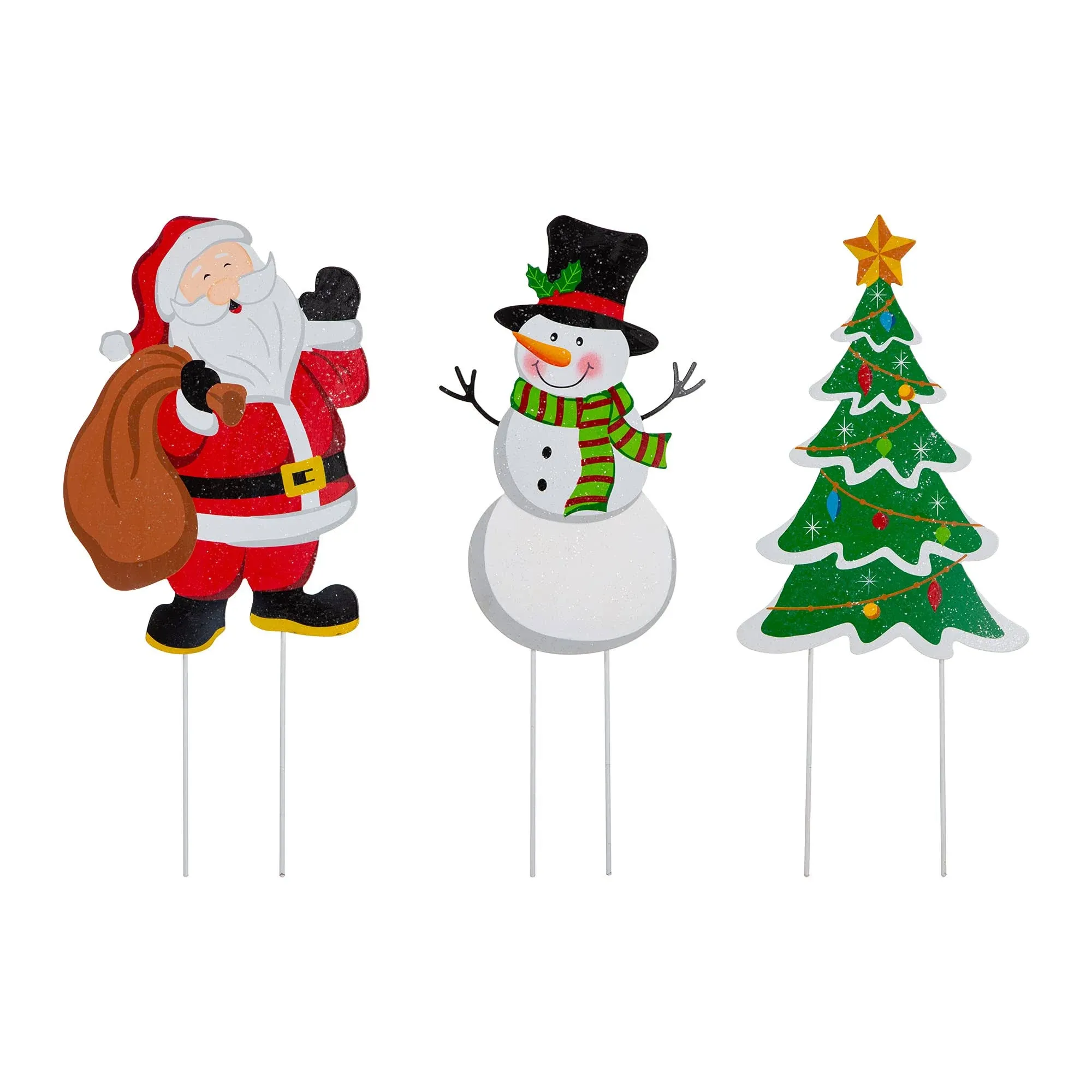 glitzhome GH30338 Metal Christmas Santa Snowman Tree Stake 3 Pack Outdoor Yard Holiday Décor, Multicolor