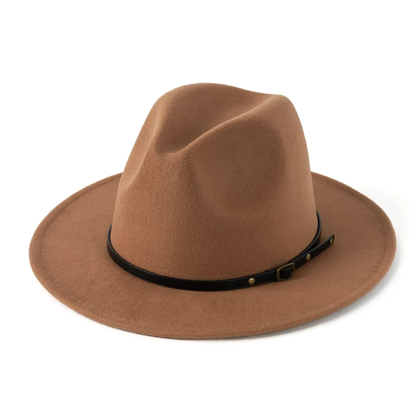 Women's Classic Wide Brim Fedora Hat with Belt Buckle Felt Panama Hat