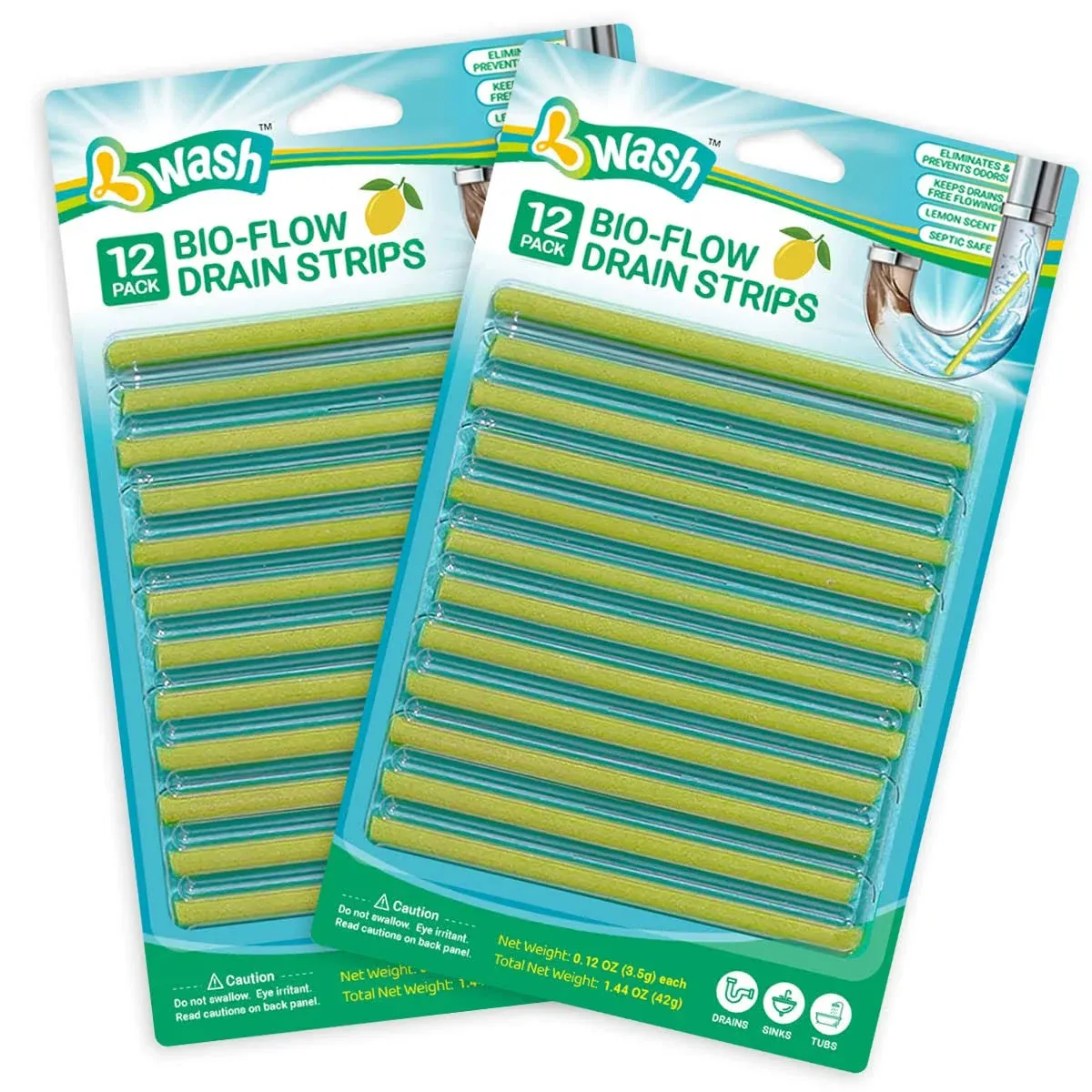 Lemon Scent Bio-Flow Drain Strips - 24 Strips | L-Wash Drain Cleaner & Odor Remover Drain Sticks - Keeps Drains Fresh