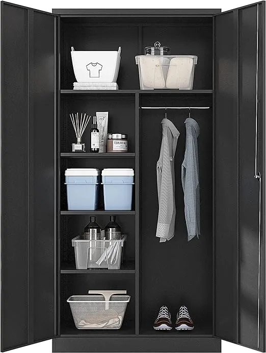 Yizosh Metal Armoire Wardrobe Closet Cabinet for Hanging Clothes with Lock Doors, -72" Steel Lockable Wardrobe Storage Locker Clothes Organizer for Bedroom, Laundry Room (Black)