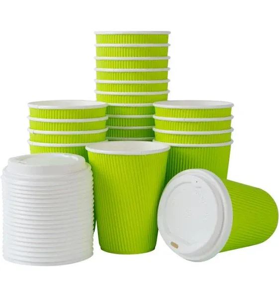 12 oz Eco Green Paper Ripple Wall Coffee Cup - with White Lid - 3 1/2" x 3 1/2" x 5" - 200 count box