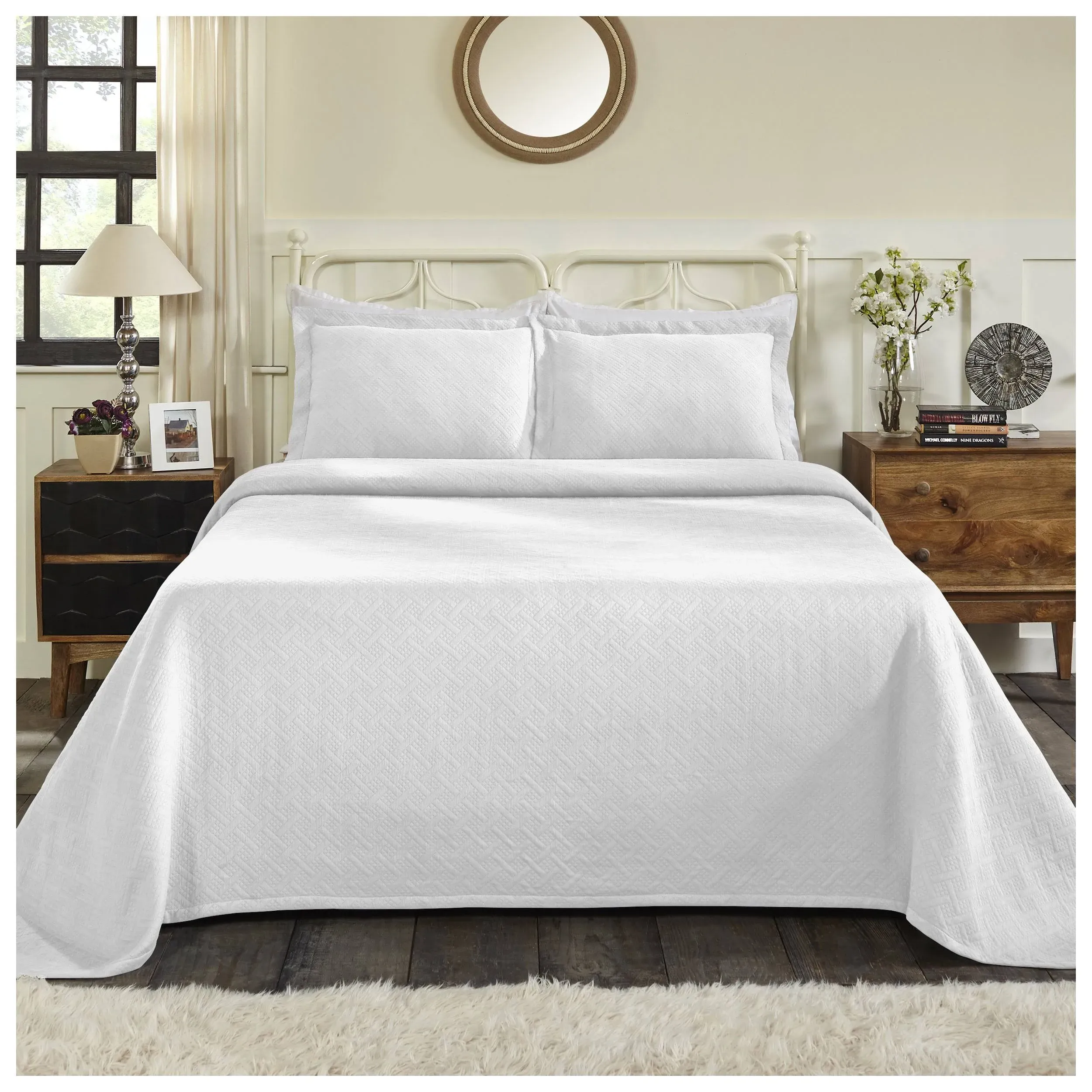 Superior Matelasse Cotton Basketweave Bedspread Set, King ,White