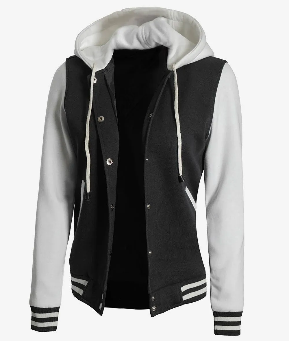 FJackets Women's Black and White Hooded Varsity Jacket - College Style